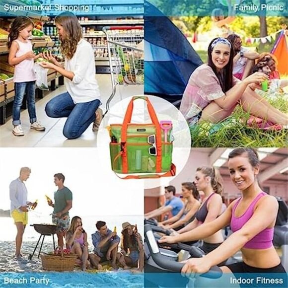 Mesh Beach Bag 40L Large with 9 Pockets Bag Green and Orange - Picture 5 of 6